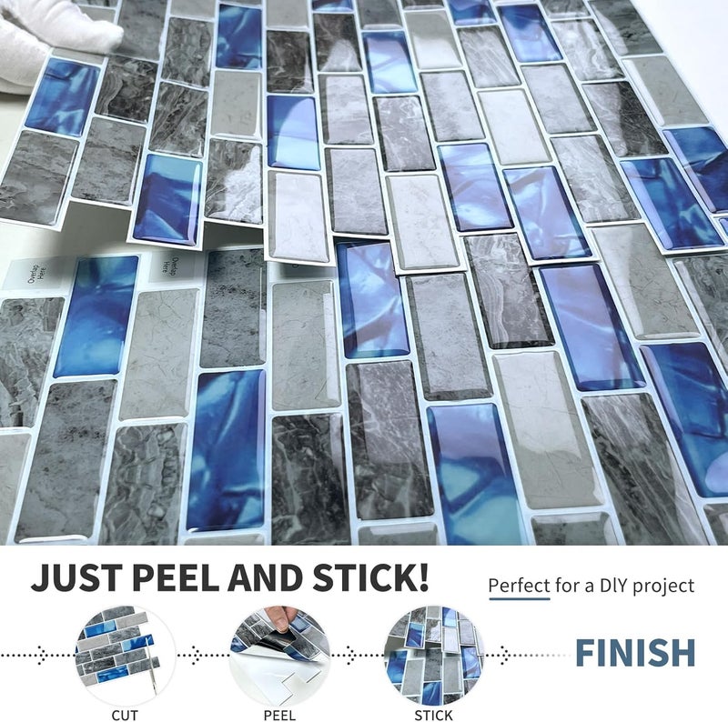 DEWOO Kitchen Backsplash Self Adhesive Wall 3D Marble Tiles Peel and Stick Bathroom, Blue (10-Sheet, 12"×12") - Image 5